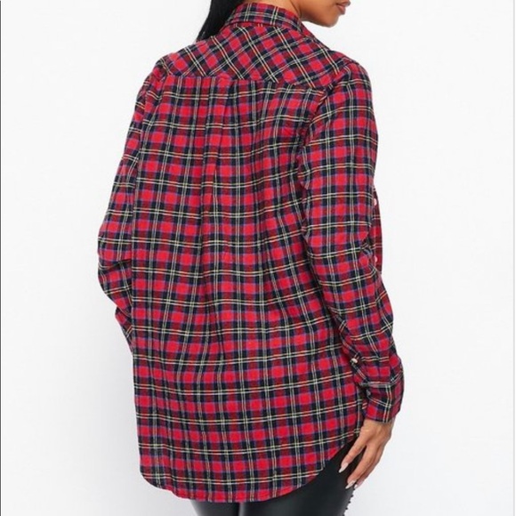 NEW FALL UNISEX TRENDY RED MULTI PLAID FLANNEL LONG SLEEVE BUTTON UP SHIRT - Picture 4 of 7